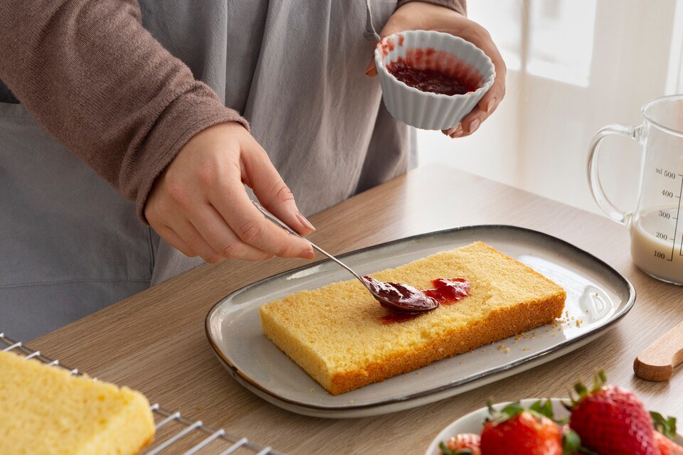 Applying Strawberry Syrup On Bread